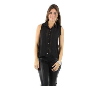 Summer Black Chiffon Gold Buttons No Sleeve Blouse